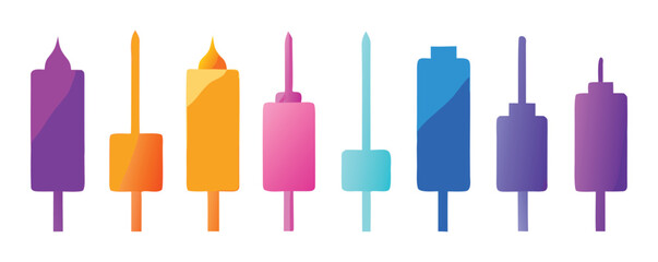 Collection of eight colorful stock market candlestick chart icons with gradients finance trading