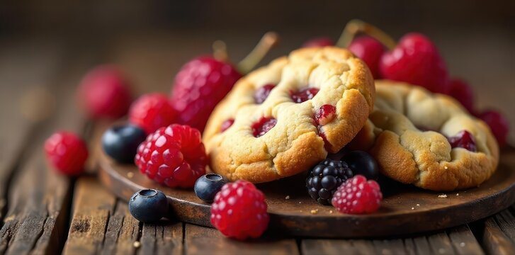 Warm, chewy cookies & plump berries on rustic wood, autumn, harvest