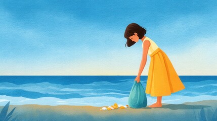Girl Collecting Trash on Scenic Beach in Watercolor Style