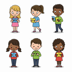 Happy and diverse cartoon children engaged in reading and learning with books and educational tablets, promoting early education and multicultural inclusion.