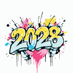 Colorful graffiti 2028 numbers with pink yellow and blue paint splatters on white background year new year