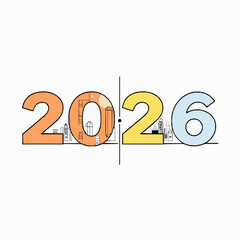Stylized numbers 2026 with city skyline elements integrated into the digits on a white background year