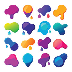 Collection of sixteen abstract colorful liquid gradient blobs with dripping elements vector
