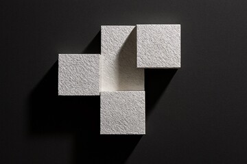 White textured cubic blocks casting shadow on dark black background, minimal geometric abstract modern 3D composition