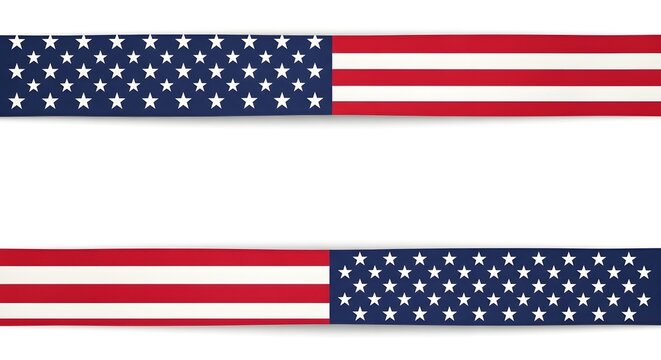 Two horizontal ribbons displaying the american flag design, one with stars on the left and stripes on the right, the other reversed, isolated on a white background - Powered by Adobe