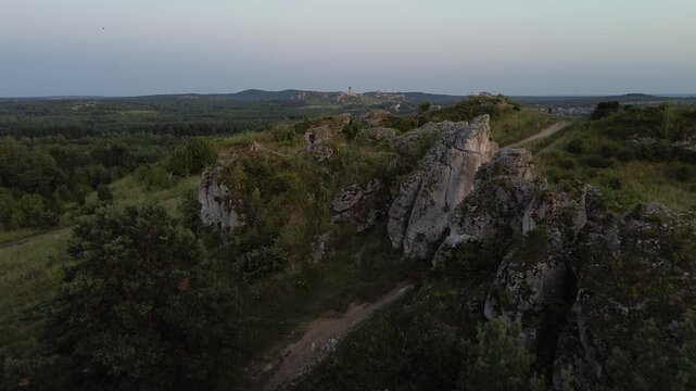 Aerial drone flight over Limestone Rock Ner Olsztyn, Poland
