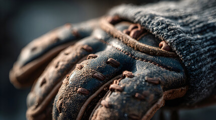 Close-up of a worn, dirty leather glove.