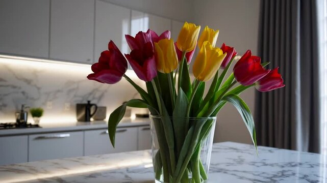 Contemporary culinary space adorned with sophisticated bouquet of flowers to elevate its visual appeal