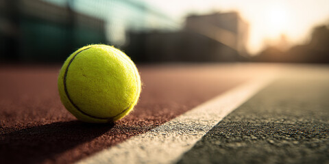 Tennis ball on the court line at sunset, representing the 'ball is in your court' idiom.