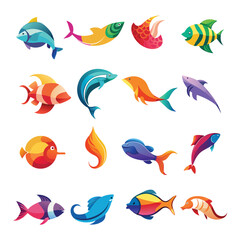 Collection of stylized fish illustrations with vibrant gradient colors on a white background icon