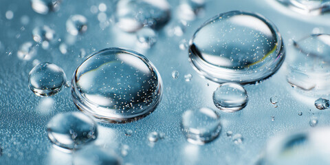 Close Up of Transparent Niacinamide Gel Drops on a Blue Surface