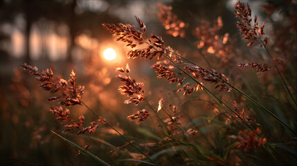 Close-up of brown grass illuminated by sunset.