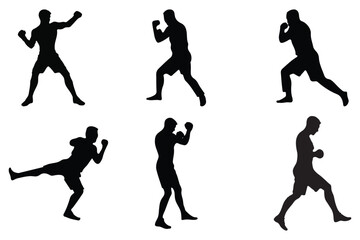 Martial arts silhouette male poses, karate combat training stance set, vector action fighter figure, self defense illustration eps 10