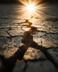 Obraz premium Cracked Earth and Sunlight: A dramatic capture of sun-baked earth, deeply cracked under the intense sun, a symbol of aridity and resilience.