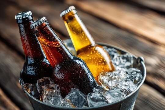 Chilled beer bottles in ice bucket with condensation on rustic wooden background, refreshing cold beverage for summer party, bar menu, pub advertising, and festive celebration