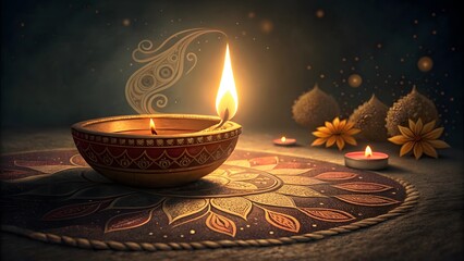 Traditional diya lamp lit with a bright flame on a decorative mat with flowers and small candles