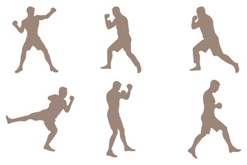 Martial arts silhouette male poses, karate combat training stance set, vector action fighter figure, self defense illustration eps 10