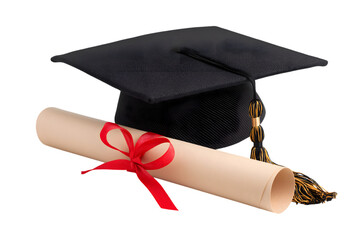 Graduation concept with mortarboard cap and diploma, symbol of achievement and education isolated on white background