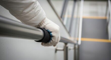 Gloved hand on rail at staircase with blue beaded bracelet for safety and balance