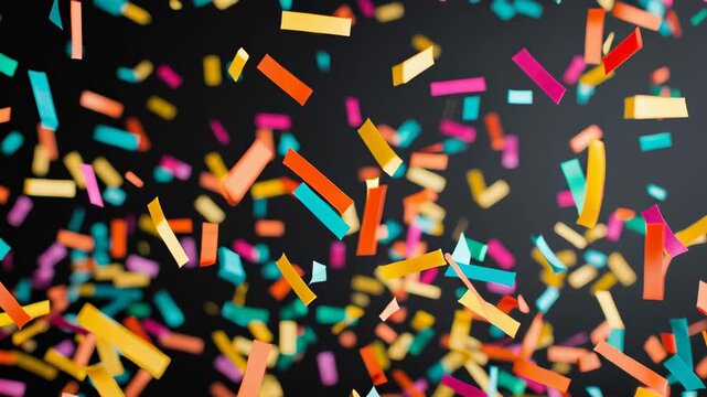 Colorful confetti falling against a dark background