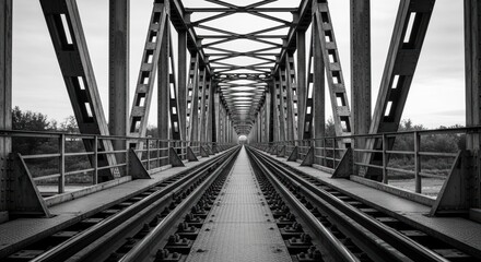 Symmetrical steel railway bridge perspective in black and white