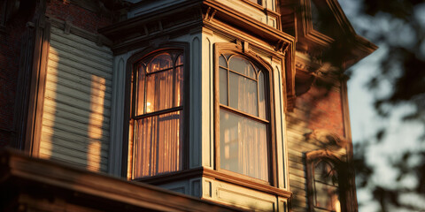 Close-up of a prominent Victorian house bay window bathed in morning sun.