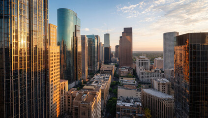 Fototapeta premium Stunning downtown cityscape at sunrise with modern towering glass buildings
