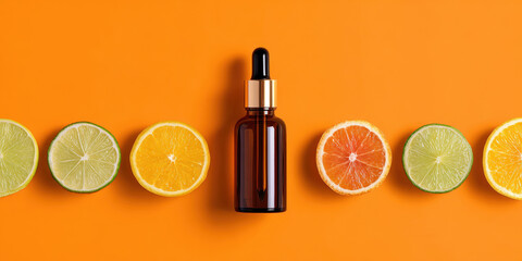 Vitamin C serum dropper bottle with sliced citrus fruits on orange background.