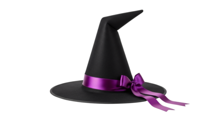 Black witch hat with a purple ribbon and bow on a black background