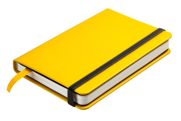 yellow notebook with ribbon bookmark and elastic closure isolated on white background