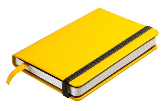 yellow notebook with ribbon bookmark and elastic closure isolated on white background