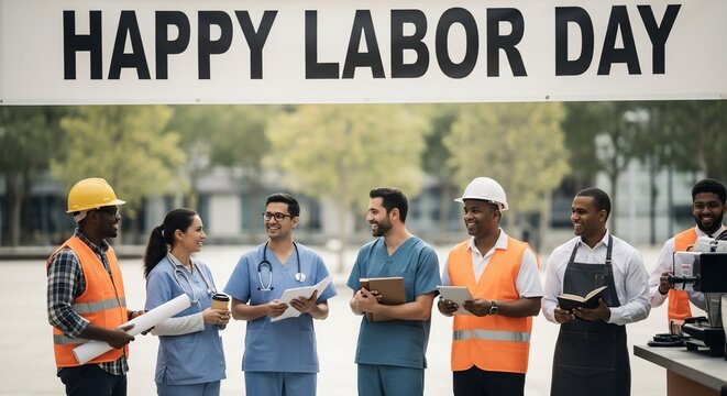 happy labor day diverse workers group portrait
