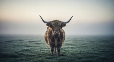 Majestic highland cow standing in foggy field at dawn