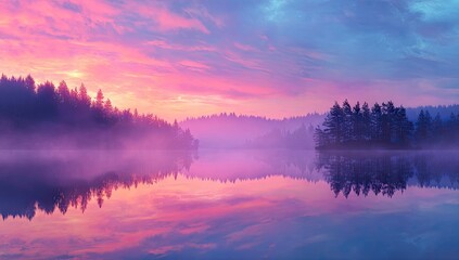 Fototapeta premium Misty lake landscape at sunrise, with trees and colorful sky