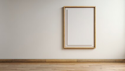 Empty framed canvas on a light beige wall and wooden floor