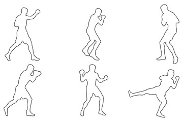 Silhouettes of a boxer in a dynamic fighting and punching sequence, representing movement, training, combat, and athleticism in sports design eps 10