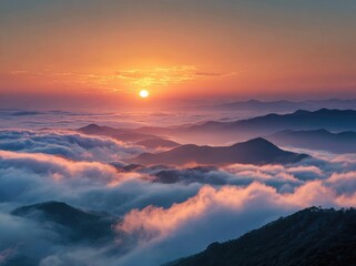 Obraz premium Sunrise over a mountain range shrouded in clouds