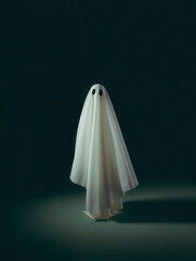 A simple white ghost costume with black eyes casting a shadow on a dark background
