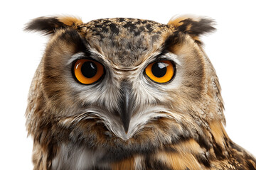 Obraz premium owl with striking orange eyes and detailed feathers isolated on white background