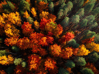 Vibrant autumn foliage covers the forest in rich colors of red, orange, and yellow during the fall season