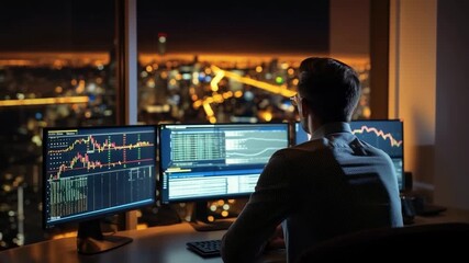 Nighttime trading session in urban financial district with multiple screens displaying market data and stock charts - Powered by Adobe