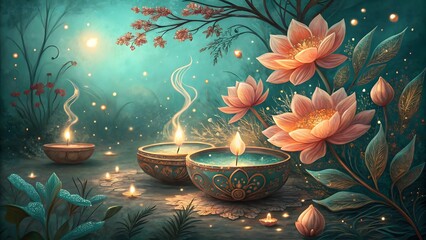Enchanting diwali scene with glowing diyas and lotus flowers in mystical forest