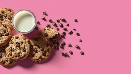 Chocolate chip cookies and milk arranged on a pink surface.