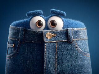 Funny cartoon character with blue jeans and big eyes on a blue background
