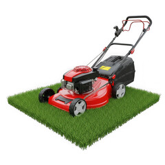 Obraz premium Red lawn mower on a patch of green grass, isolated on transparent background