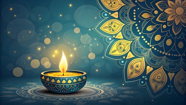 Diwali festival of lights with a glowing diya and intricate mandala design