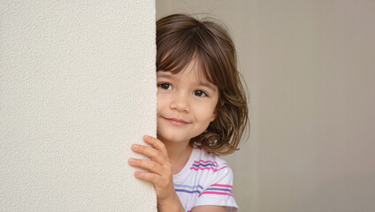 Smiling child girl hiding behind wall