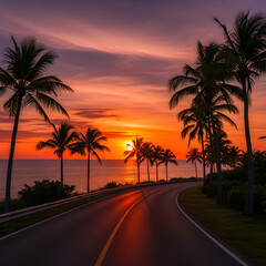 Coastal Road at Sunset with Palm Trees