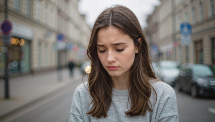 Fototapeta premium Sad young woman standing on city street