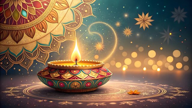 Diwali oil lamp glowing brightly with festive decorations and bokeh lights
